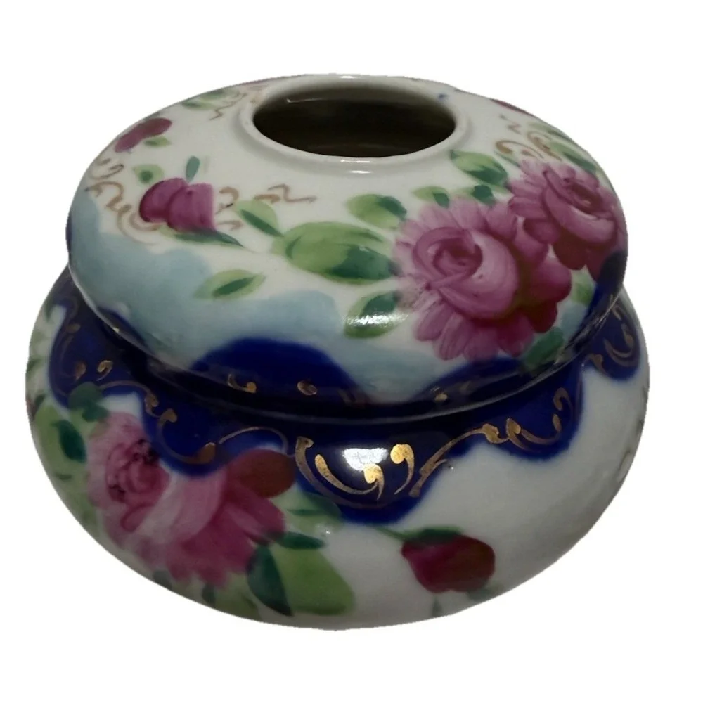 Antique Hand Painted Porcelain Hair Receiver - Cobalt Blue, Pink Gold Glit